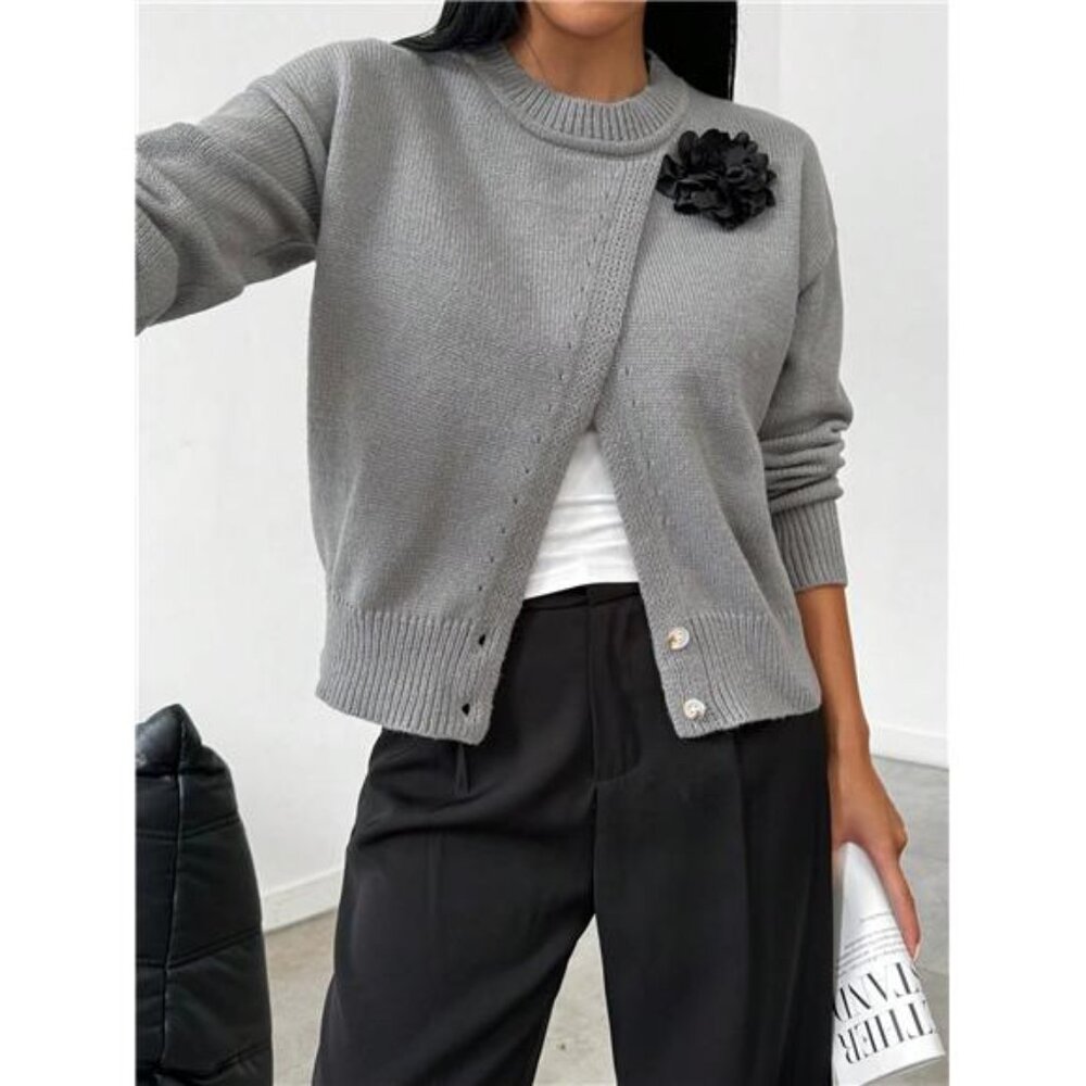 A Classy Chic Boutique Gray Sweater with Black Flower Accent
